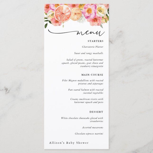 Citrus Pink Flowers Shower Menu (Front)