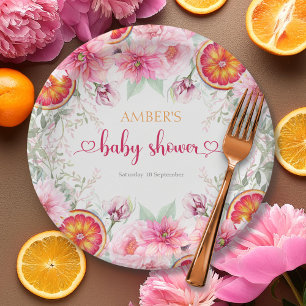 Citrus & Pink Watercolor Flowers Baby Shower Paper Plate