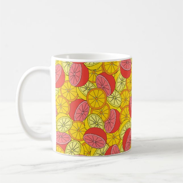 Citrus seamless pattern many oranges, lemons, grap coffee mug (Left)