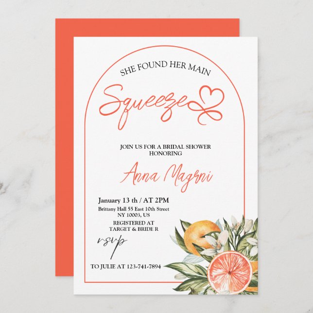 Citrus She Found Her Main Squeeze Bridal Shower  Invitation (Front/Back)