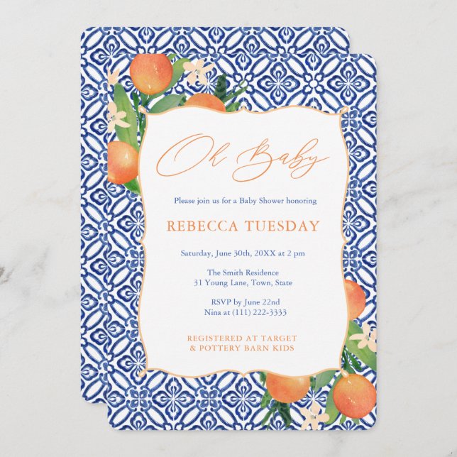 Citrus Sinensis Oranges Positano Blue Baby Shower Invitation (Front/Back)