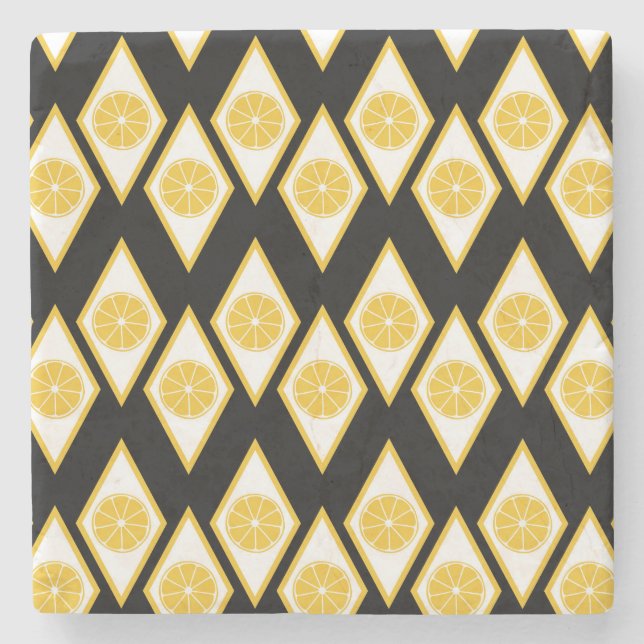 Citrus Slices in Modern Diamond Pattern Stone Coaster (Front)