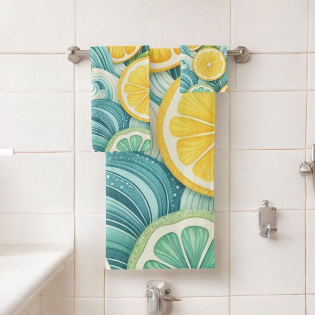 Citrus Spa Whimsical Watercolor Lemon & Lime  Bath Towel Set (Creator Uploaded)