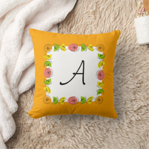 Citrus Square Orange Monogram square Throw Pillow