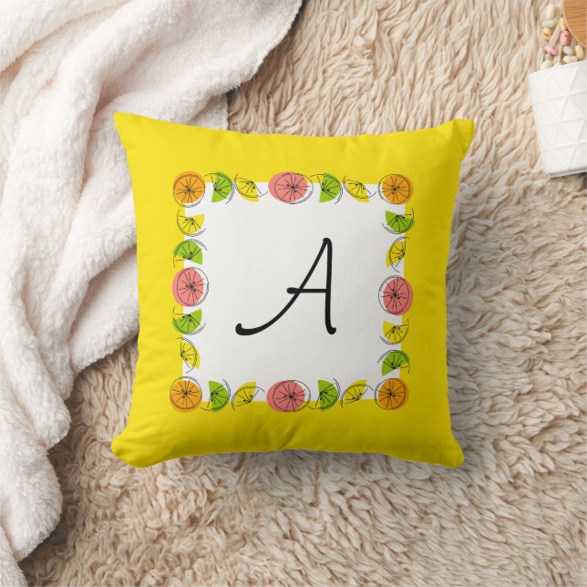 Citrus Square Yellow Monogram square Throw Pillow (Blanket)
