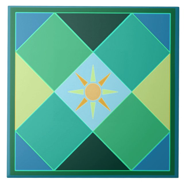 Citrus sun in Morroccan blue green lemon colours Ceramic Tile (Front)