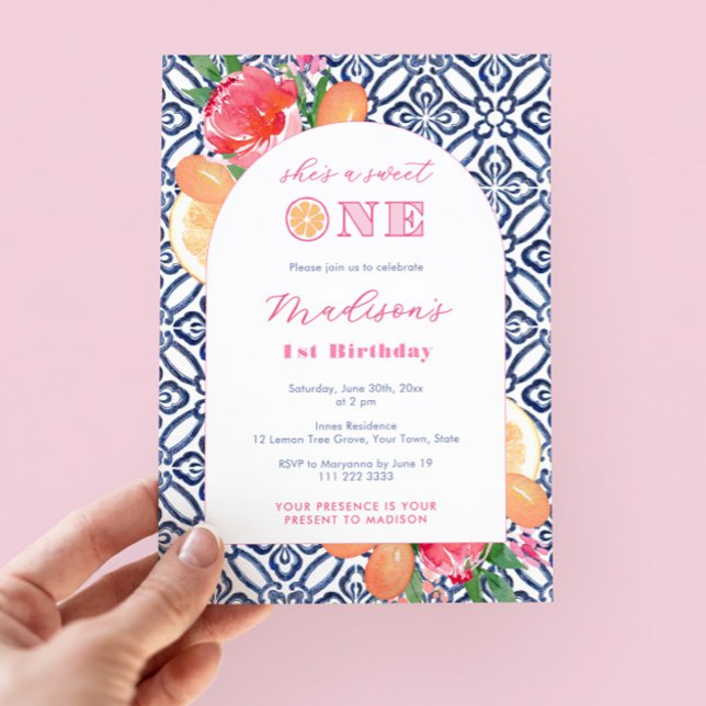 Citrus Sweet One Blue Tile 1st Birthday Party Invitation (She's a sweet one 1st birthday party invitations with citrus, bold pink florals and blue tiles)