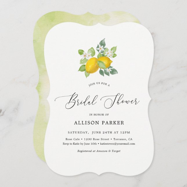 Citrus Watercolor Lemon Summer Bridal Shower Invitation (Front/Back)
