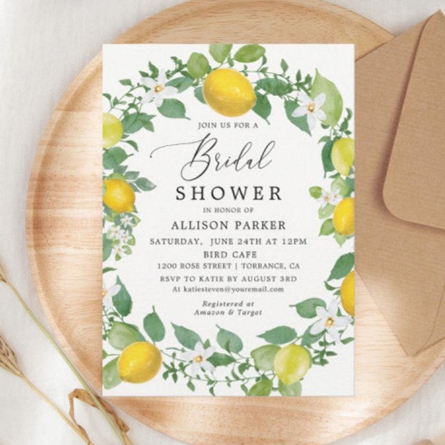 Citrus Watercolor Lemon Wreath Bridal Shower Invitation (Creator Uploaded)
