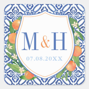 Citrus Wedding Logo; Oranges With Blue Tiles Square Sticker