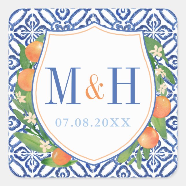 Citrus Wedding Logo; Oranges With Blue Tiles Square Sticker (Front)