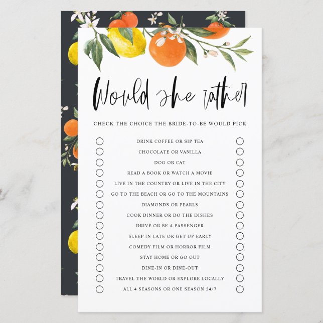 Citrus Would She Rather Bridal Shower Game (Front/Back)