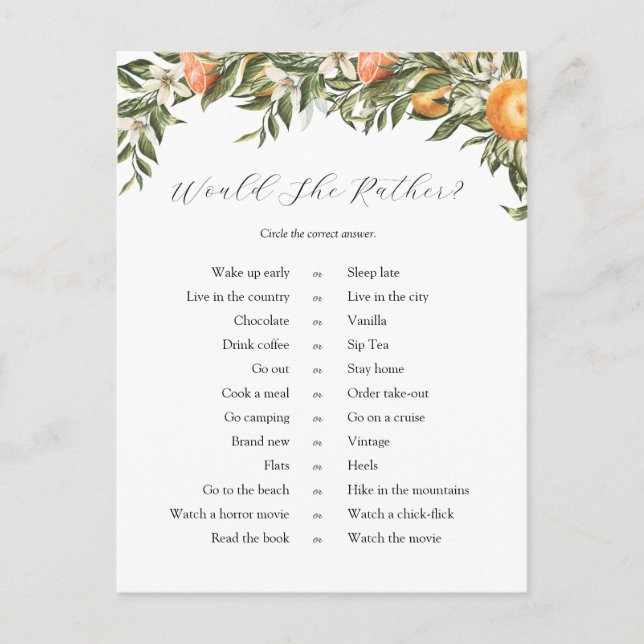 Citrus Would She Rather Bridal Shower Game  Postcard (Front)