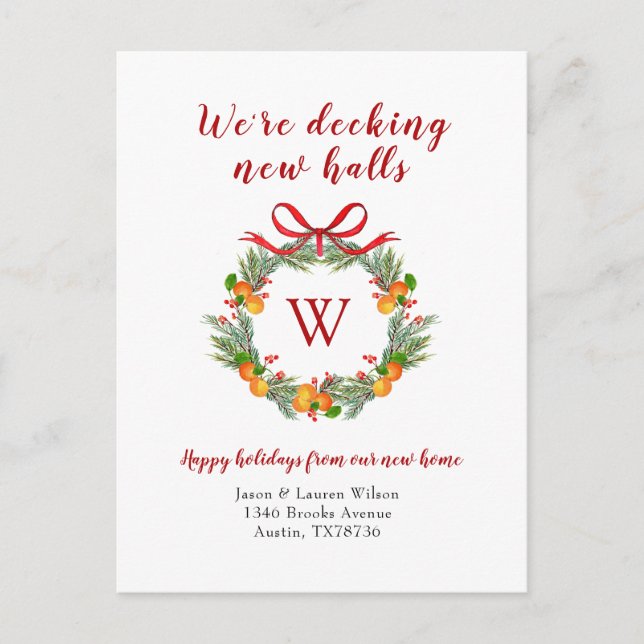 Citrus Wreath with Monogram Holiday Moving  Postcard (Front)