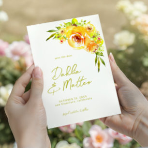 Citrus Yellow and Green Watercolor Floral Wedding Save The Date