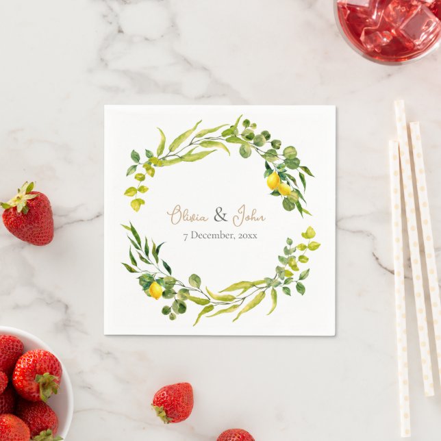 Citrus Yellow and Green Watercolor Lemon Wedding Napkin (Insitu)