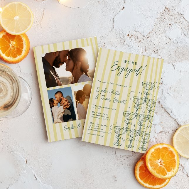 Citrus Yellow Champagne Tower Photo Engagement Invitation (Citrus Yellow Champagne Tower Photo Engagement Invitation)