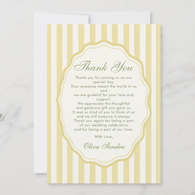 Citrus Yellow Elegant Stripe Wedding Thank You Card (Front)