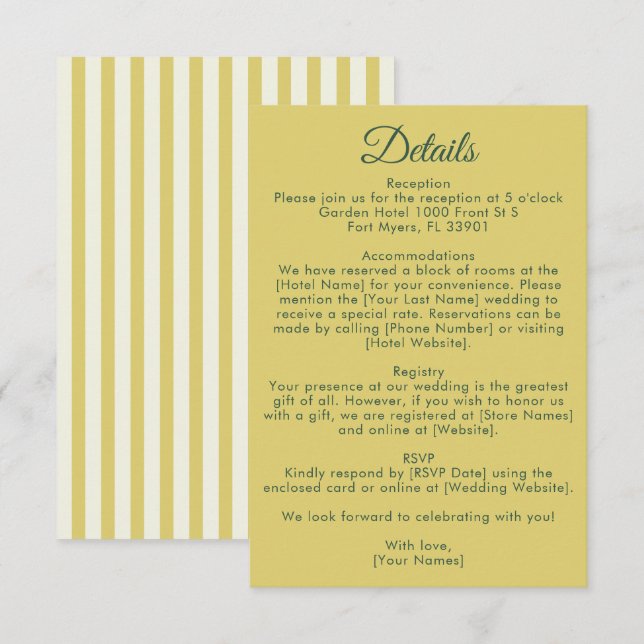 Citrus Yellow Olive Green and Ivory Wedding Detail Enclosure Card (Front/Back)
