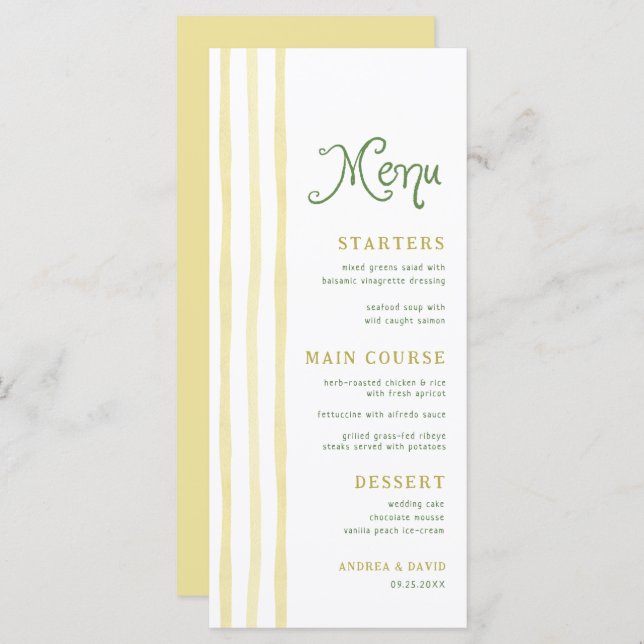 Citrus Yellow Stripe Handwriting Summer Wedding Menu (Front/Back)