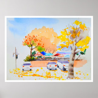 City autumn scenery watercolor  poster