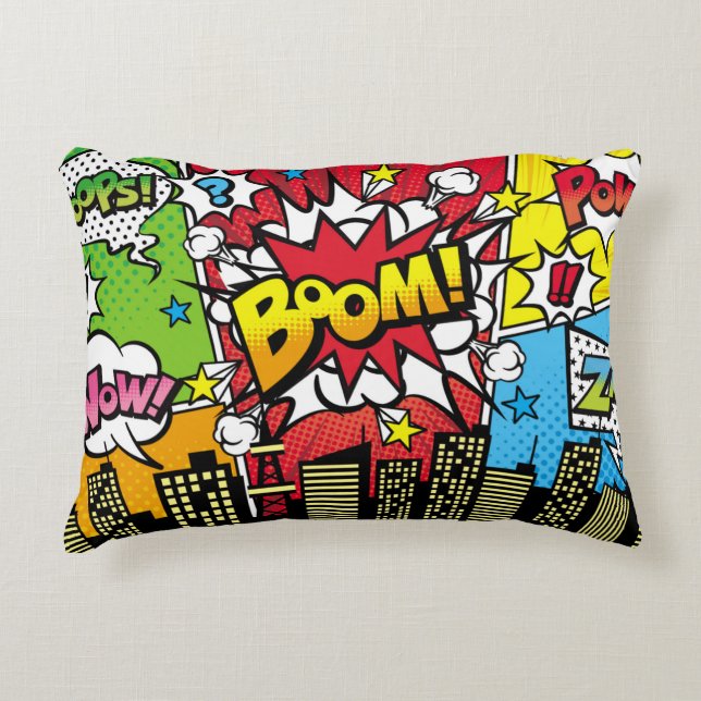 City background material with comic art style spee decorative cushion (Front)