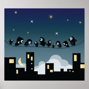 City Birds On A Wire Starry Sky Poster