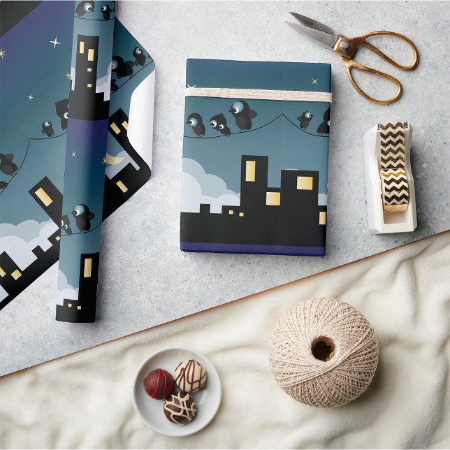 City Birds On A Wire Starry Sky Wrapping Paper (Creator Uploaded)