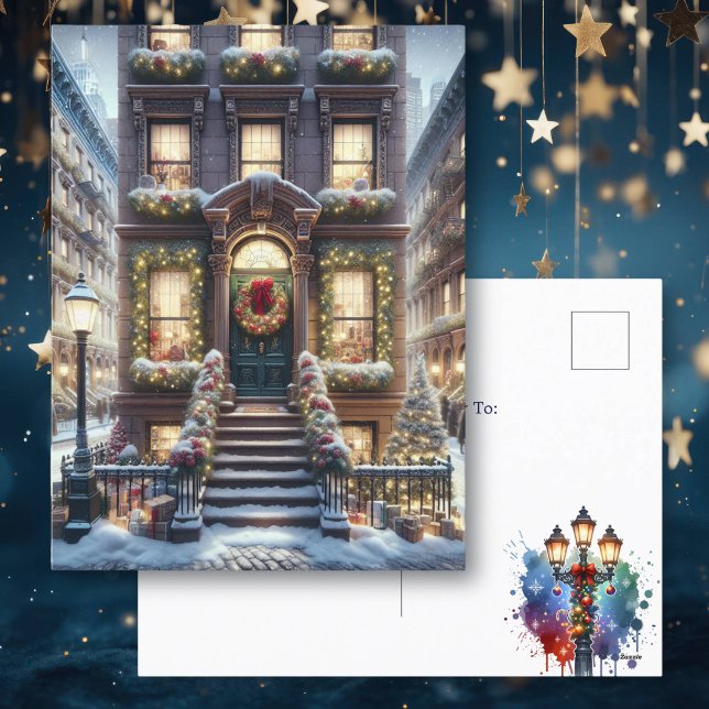 City Brownstone at Christmas Personalised Holiday Postcard (Creator Uploaded)