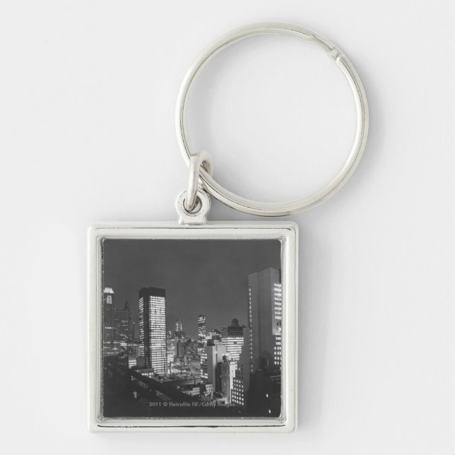 City buildings at night B&W, elevated view Key Ring (Front)