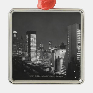 City buildings at night B&W, elevated view Metal Ornament