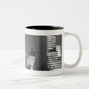 City buildings at night B&W, elevated view Two-Tone Coffee Mug