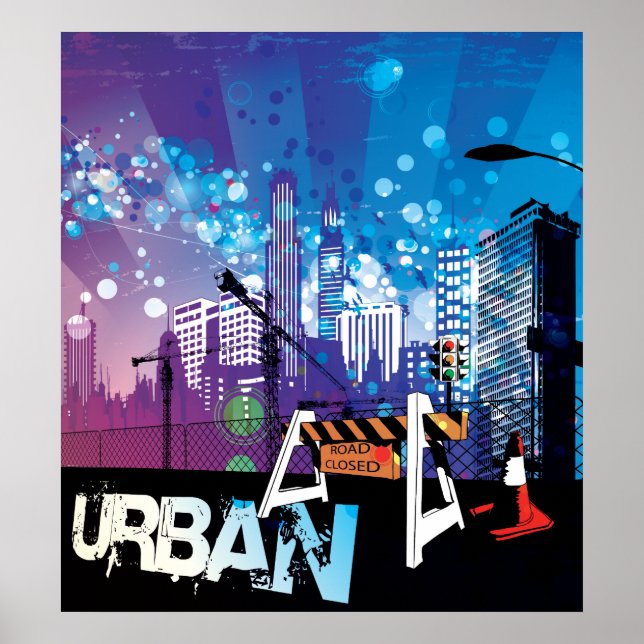 City buildings urban with closed road poster print (Front)