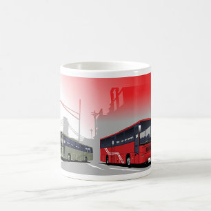 City Buses Red Green Coaches on Urban Street Coffee Mug