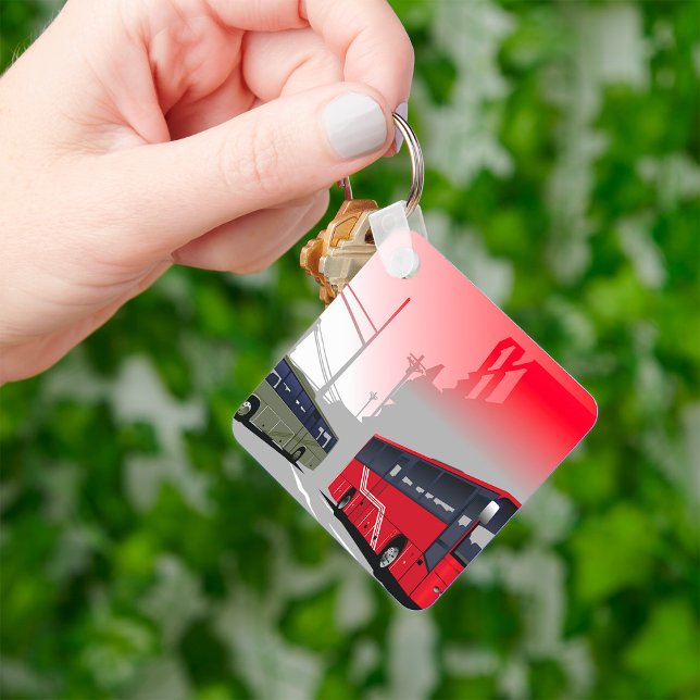City Buses Red Green Coaches on Urban Street Key Ring (Creator Uploaded)