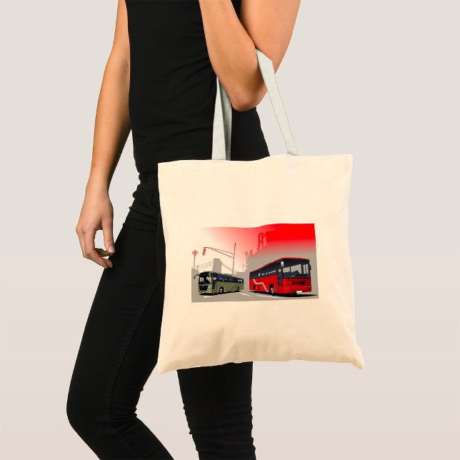 City Buses Red Green Coaches on Urban Street Tote Bag (Creator Uploaded)