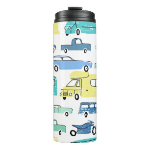 City cars and transport cartoon seamless pattern. thermal tumbler