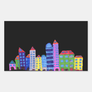 city cartoon kid children naive art drawing archit rectangular sticker