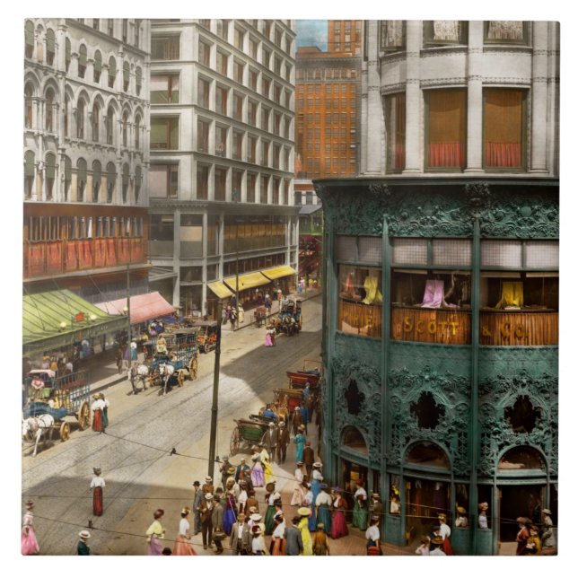 City - Chicago IL - Hustle and Bustle 1907 Ceramic Tile (Front)