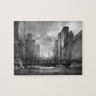 City - Chicago, IL - Looking towards the future BW Jigsaw Puzzle
