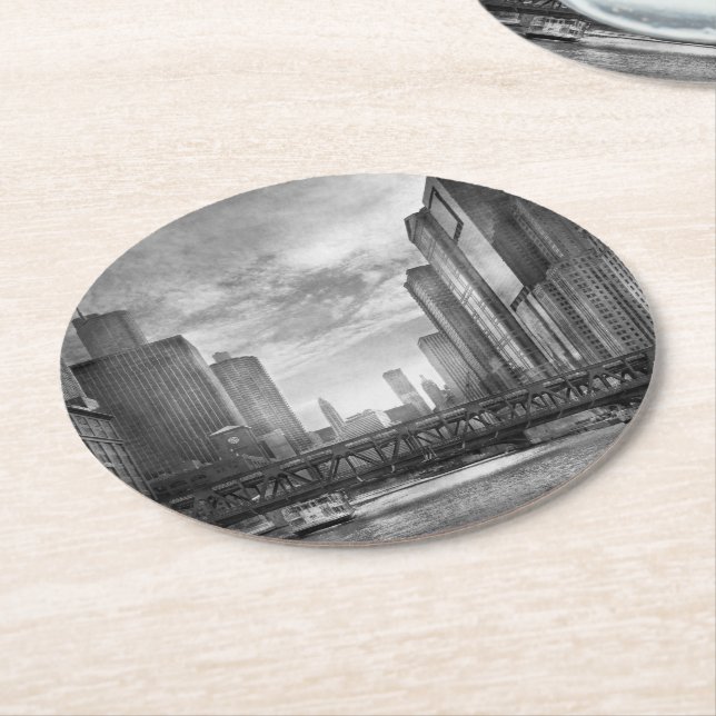 City - Chicago, IL - Looking towards the future BW Round Paper Coaster (Angled)