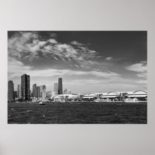 City - Chicago Skyline & The Navy Pier BW Poster