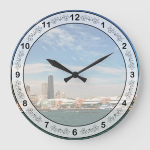 City - Chicago Skyline & The Navy Pier Large Clock