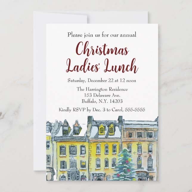 City Christmas Gold White Hand-Drawn Brownstones Invitation (Front)