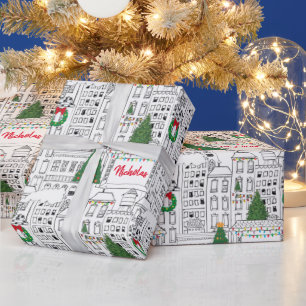 City Christmas Hand-Drawn Personalised Pattern Wrapping Paper