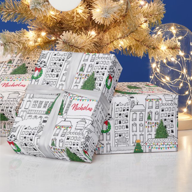 City Christmas Hand-Drawn Personalised Pattern Wrapping Paper (Holidays)