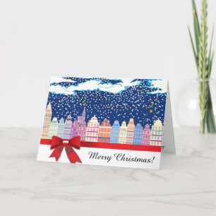 City Christmas with Red Bow   PERSONALIZED Holiday Card
