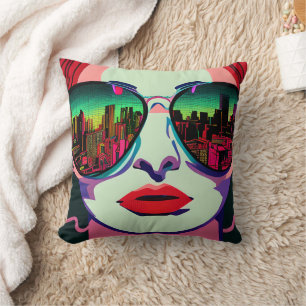 City Lady in Sunglasses Unique Colorful Art Cushion