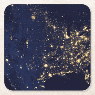 City Lights Of The United States At Night. Square Paper Coaster