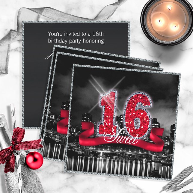City Lights Sweet Sixteen Red ID242 Invitation (Creator Uploaded)